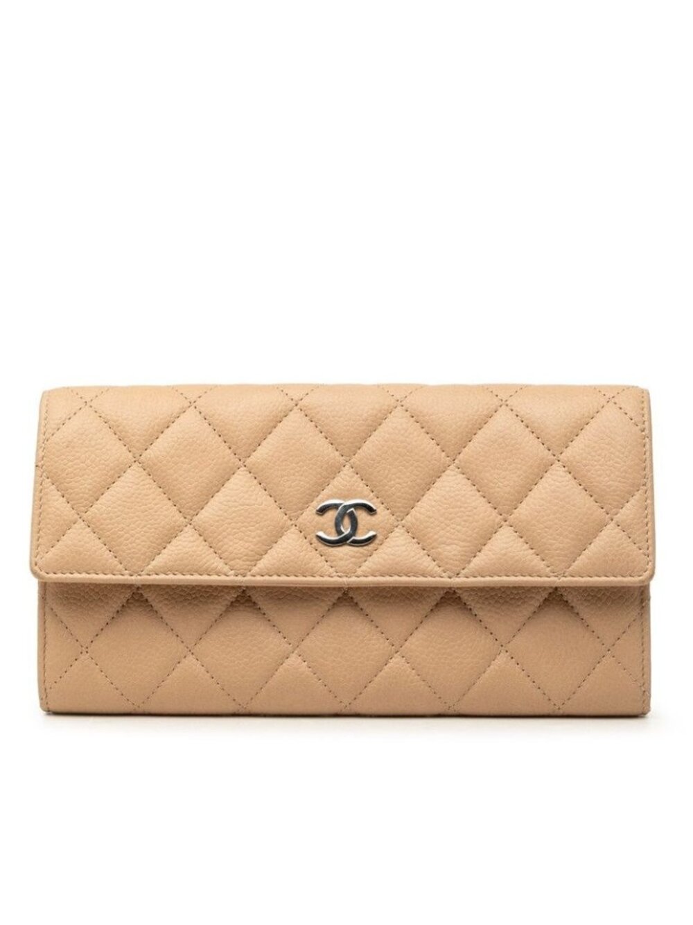 Chanel CC Logo Quilted Wallet Beige Caviar Leather